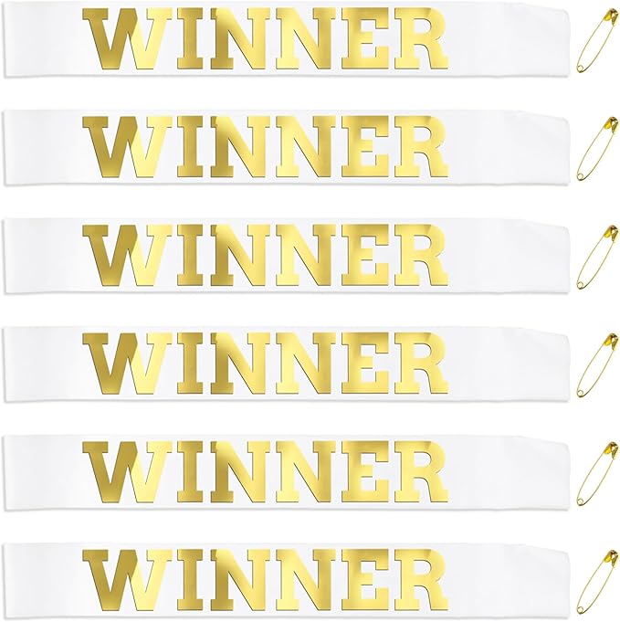 6 pcs Winner Satin Sash Party Accessory, White And Gold Winner Satin Sashes Celebrate In Style At Parties, Contests, Sporting Events And Competitions, 1st Place Award Sash Grand Prize Ribbon Winner Victory Ribbon Deluxe Recognition Ribbons for Classroo...