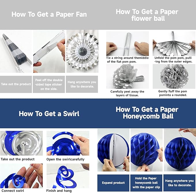 24 Pcs Blue and Silver Party Decorations, Paper Fans Honeycomb Pom Poms Pennant Garland, Reusable Hanging Supplies for 2026 Blue Graduation Decorations, Blue Birthday Decorations