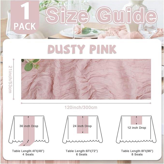 Dusty Pink Cheesecloth Table Runner 21x120 Inch Gauze Table Runners Reusable Polyester 10ft Boho Rustic Cheese Cloth Table Runner for Wedding Party Baby Shower Birthday
