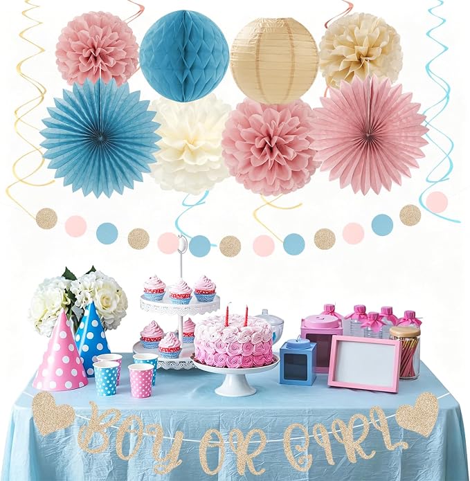 Boy Or Girl Gender-Reveal Party-Decorations - 22pcs Champagne Dusty Blue Blush Pink Backdrop Banner,Neutral Paper Lanterns Streamers,Tissue Pom Poms Flowers Fans Decor Ideas Supplies Hugmoon