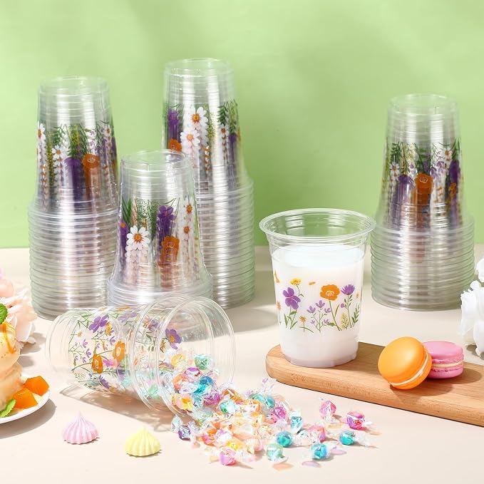 Hushee Purple Boho Floral 60 Pcs Party Cups 16 oz Plastic Disposable Drinking Cups for Birthday Love Baby in Bloom Baby Shower Summer Fresh off The Market Bridal Shower Decorations Supplies