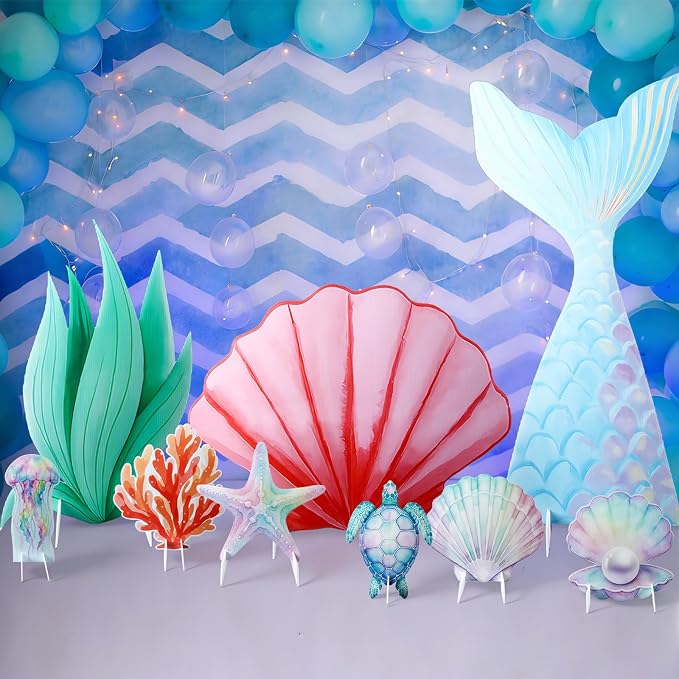 9 Pcs Large Under The Sea Party Decorations Mermaid Birthday Decorations, Ocean Theme Party Supplies, Shell, Starfish, Jellyfish, Seaweed, Coral Stand up Cardboard Cutouts for Baby Shower