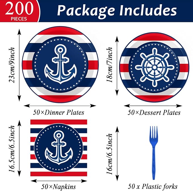 gisgfim 50 Guests Nautical Anchor Party Supplies Anchor Theme Plates and Napkins Plastic Forks Sailor Boat Ship Tableware Nautical Paper Plates for Baby Shower Birthday Party Boys Girls Kids 200PCS