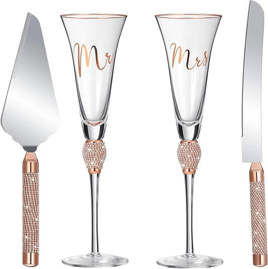 Boao 4 Piece Mr and Mrs Champagne Flutes and Cake Knife Server Set Crystal Wedding Toasting Flutes Rhinestone Cake Cutting Set for Bride and Groom Wedding Engagement Bridal Shower Gifts(Rose Gold)