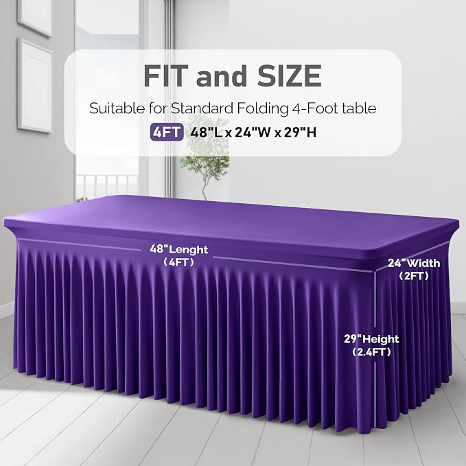2 Packs Purple Table Clothes for 4 Foot Rectangle Tables, One-Piece Wrinkle Resistant Stretch Spandex Table Covers with Skirt for Event Banquet Wedding Birthday Party