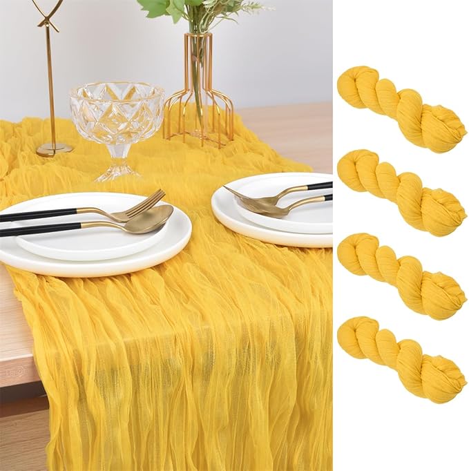 Joanlody Yellow Cheesecloth Table Runner Spring Summer 10Ft Rustic Gauze Boho Cheese Cloth Table Runner for Wedding Bridal Baby Shower Decoration 4 Pack