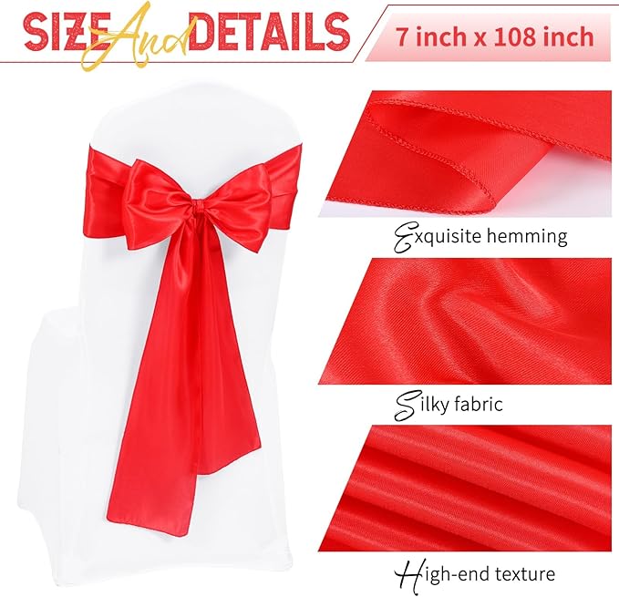 60 PCS Red Satin Chair Sashes, Ties Bows Designed Chairs Decorative, Chair Cover Sashes for Thanksgiving Wedding Christmas Banquet Party Home Kitchen Decoration (7 x 108 inch)