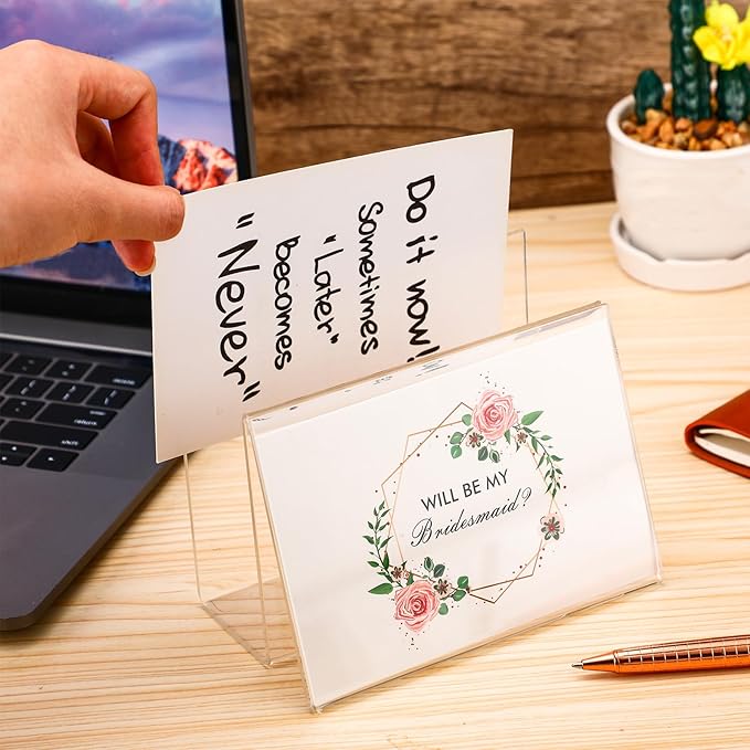 Crtiin 3 Pcs Clear Acrylic Postcard Display Holder Business Card Holder Greeting Card Display Clear Business Stand Rack for Index Organizer Desk Table Home Office, 6 x 4.25 x 4.5 Inches
