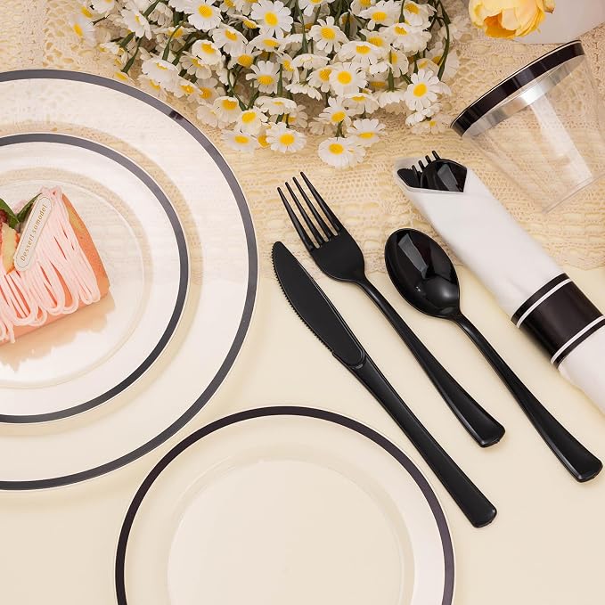 700PCS Clear Black Disposable Plates Set for 100 Guests, 200 Plastic Plates, 100 Plastic Cups, 100 Pre-Rolled Napkins with Cutlery for Party, Christmas, Birthday, Wedding, Thanksgiving, Halloween