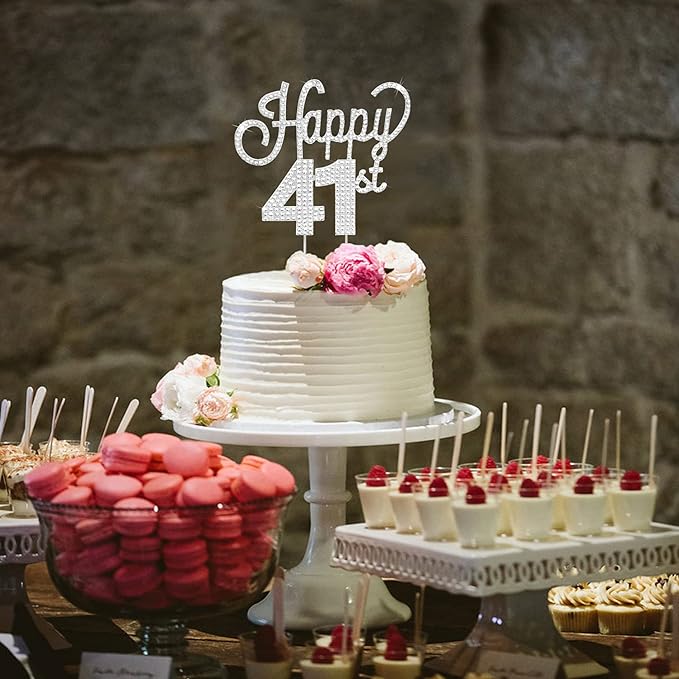 LINGTEER Happy 41st Birthday Silver Rhinestone Cake Topper - Cheers to 41st Birthday 41 Years Old Anniversary Party Cake Centerpieces Topper Decorations Gift Sign.
