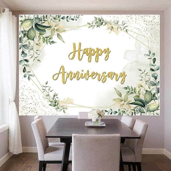 5x4ft Greenery Theme Happy Anniversary Backdrop Green Leaves Gold Glitter Wedding Photography Background for Couples Anniversary Wedding Party Engagement Decorations