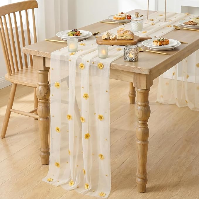 Artoid Mode Yellow Flower Pearl White Gauze Table Runner 10FT, Seasonal Sheer Dining Holiday Wedding Birthday Baby Shower Table Decor for Home Party