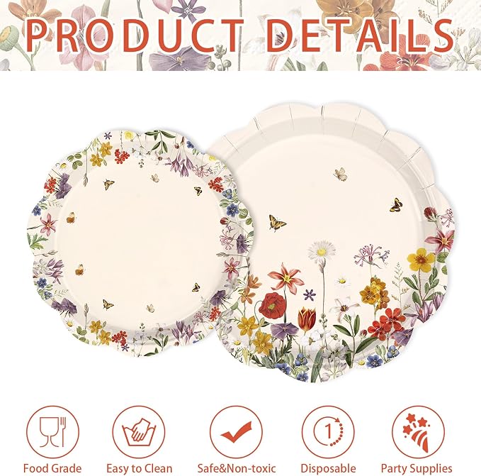 250Pcs Vintage Wildflower Party Supplies Retro Floral Scalloped Plates Napkins and Cups Butterfly Flower Tableware Set for Spring Summer Home Baby Shower Garden Party Decorations Serves 50