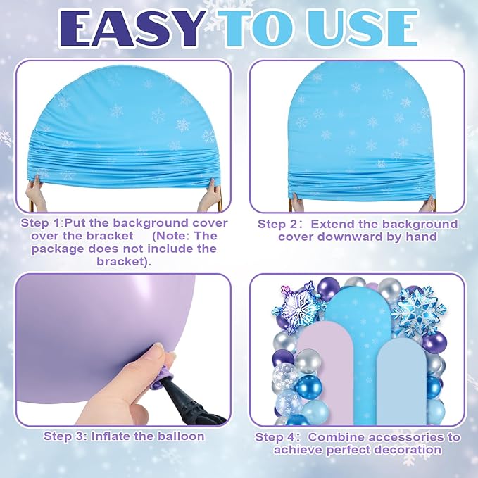 Foilswirl 34 Pcs Winter Party Wonderland Decorations 4ft 5ft 6ft Snowflake Arch Backdrop Covers Wonderland Spandex Arch Backdrop Blue Purple Balloon for Winter Birthday Princess Themed Party Decor