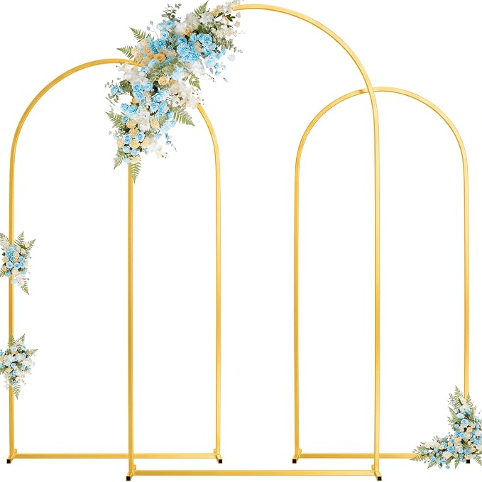 Toolterritary Wedding Arch Backdrop Stand 8FT, 7.2FT, 6.6FT Set of 3 Gold Metal Balloon Arch Stand with Stable Base, Banner Stand, Photography Backdrop, Party, Birthday, Baby Shower Decor