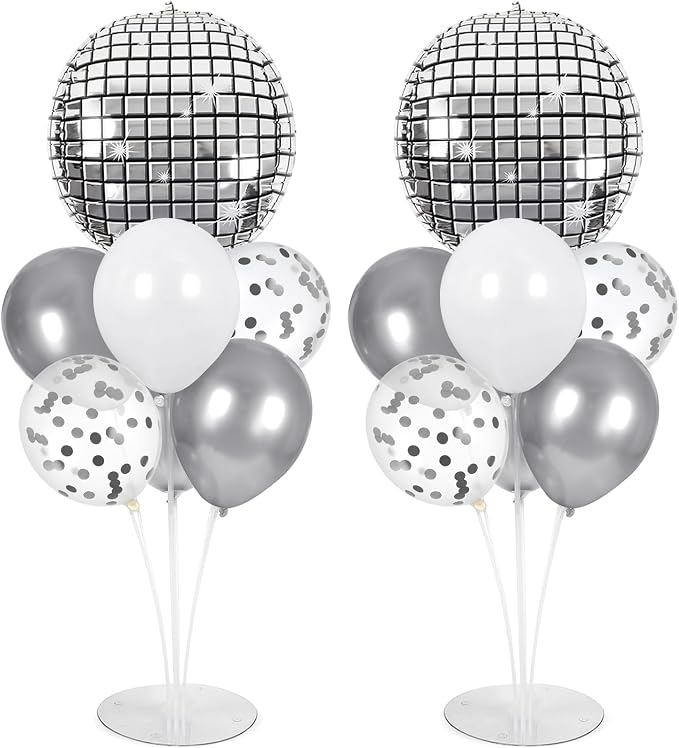 Disco Ball Party Balloons Stand Kit 2 Sets with 2 Silver 4D Discoball Foil Balloon Disco Ball Centerpiece for Tables 70s 80s 90s Dance Themed Birthday Graduation Decorations 2026 Prom Party Supplies