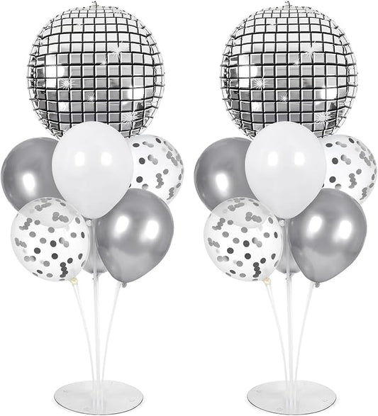 Disco Ball Party Balloons Stand Kit 2 Sets with 2 Silver 4D Discoball Foil Balloon Disco Ball Centerpiece for Tables 70s 80s 90s Dance Themed Birthday Graduation Decorations 2026 Prom Party Supplies