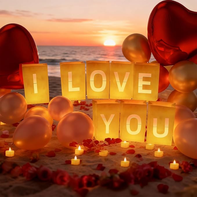 I Love You Decorations – Surprise Set with Light Up Letters, 30 Tea Light Candles, 2000 Rose Petals, 10 Balloons – Luminary Bags for Couples & Romantic Moments