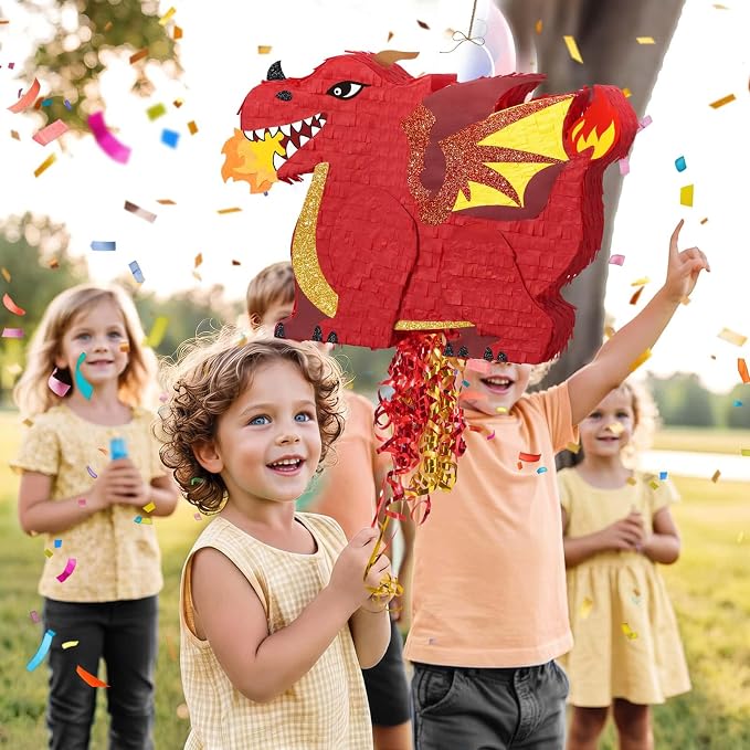 WERNNSAI Red Dragon Piñata - Dino Themed Piñata with Pull String, Stick and Blindfold, Piñata for Dragon Birthday Party Decorations Carnivals Games Supplies Summer Party (16.5"x12.4"x3")