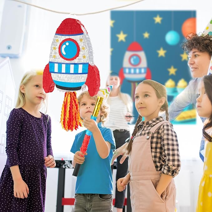 WERNNSAI Rocket Piñata - Rocket Ship Piñata Bundle with Blindfold and Bat Space Birthday Party Decoration for Boys Kids Family Games Space Ship Theme Party Supplies