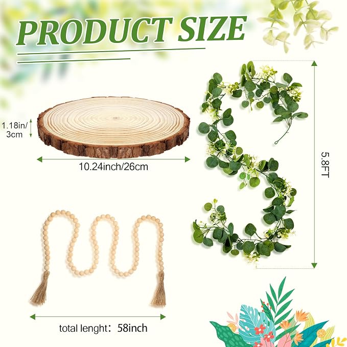 Geelin 6 Pcs Rustic Table Centerpieces, Set of 3 Boho Ceramic Vases, Wooden Serving Tray, Modern Farmhouse Wood Beads Garland Tassel, Artificial Greenery for Home Coffee Tabletop Decor(Neutral)