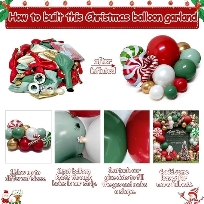 Christmas Balloon Arch Kit, Double Stuffed Red Green White Pearl Balloon Garland Sage Green Red Gold Balloons With Candy Cane Balloons for Christmas Birthday Xmas Santa Holiday New Year Party Decor