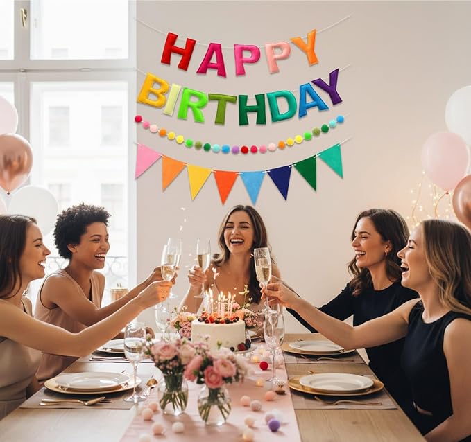 3D Happy Birthday Banner Set – Pre-Strung Reusable Rainbow Happy Birthday Decorations with Felt Ball Garland, Triangle Flag Bunting & Colorful Circle Hanging Banner for Wall Window Garden Party Supply