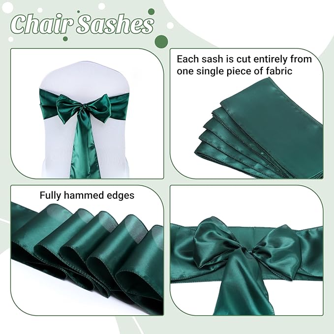 MDS Satin Chair Sashes, 125 Pack, 7”x108” Each, Decorative Chair Bows Ribbon Tie Backs for Wedding Party, Holiday Dinner, Birthday, Reception, Banquet, Hotel & Event Decoration - Hunter Green