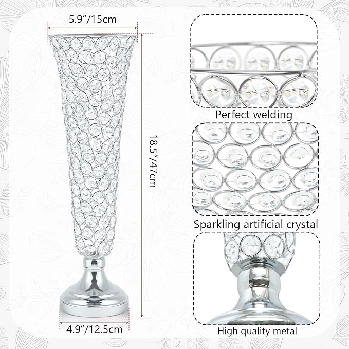 2-Pack 18.5" Tall Silver Vases, Elegant Crystal Trumpet Vase, Gorgeous Centerpiece Flower Stand | Artificial Flower Arrangement for Weddings, Anniversaries | Home & Party Decor Display
