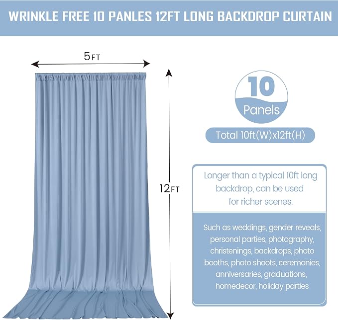 50 ft x 12 ft Wrinkle Free Dusty Blue Backdrop Curtain for Parties, 10 Panels 12ft Polyester Dusty Blue Photo Backdrop Drapes for Graduation Birthday Wedding Party Stage Curtains