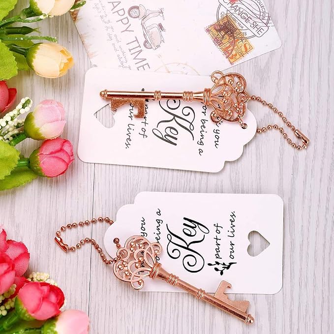 100 PCS Wedding Favors Bottle Opener,Vintage Skeleton Key Bottle Opener,Key Bottle Openers with Escort Tag Cards and Key Chains Wedding Gifts for Guest（Rose Gold）
