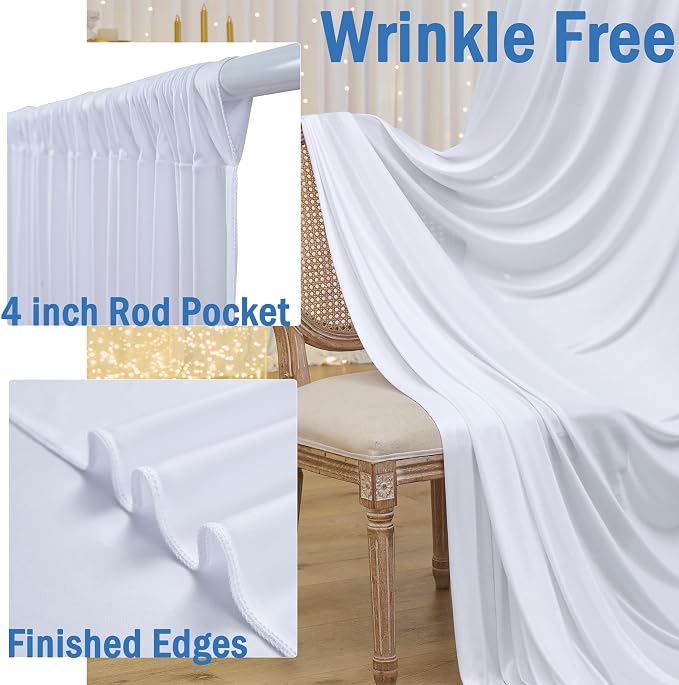 10ft x 15ft White Backdrop Curtains for Wedding Parties, 2 Panels Wrinkle Free Fabric Drapes Photo Back Drop Cloth for Baby Shower Birthday Stage Reception Lobby Decoration