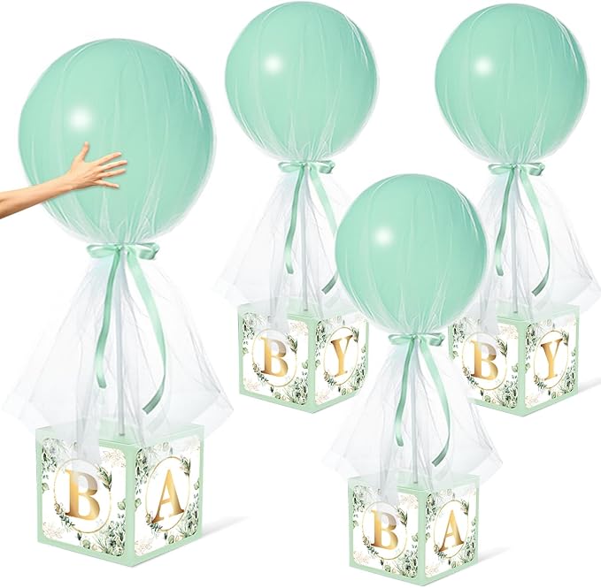 4 Set Sage Green Tulle Tutu Balloon with Letter Boxes Baby Shower Table Centerpieces Decor for Gender Reveal 24'' Balloons White Tulle Cover with Stand, Boxes for Girl Boy Wedding Birthday Party