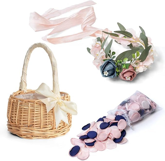 TINGE TIME Set of 3 Artificial Flowers Decoration Wedding Basket for Flower with Flower Crown, Flowers Basket, 400pcs Silk Rose Petals (DustyRose&NavyBlue)