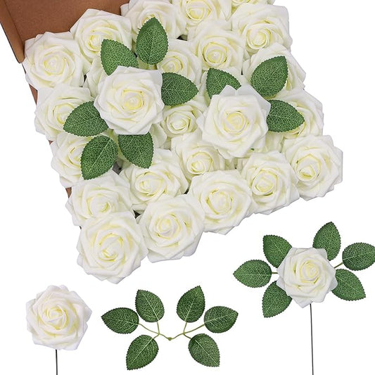 DuHouse 25Pcs Artificial Roses Flowers Fake Roses with Stems Real Touch Foam Flowers for DIY Wedding Bouquet Party Centerpiece Floral Arrangement Party Home Decor(Ivory White)
