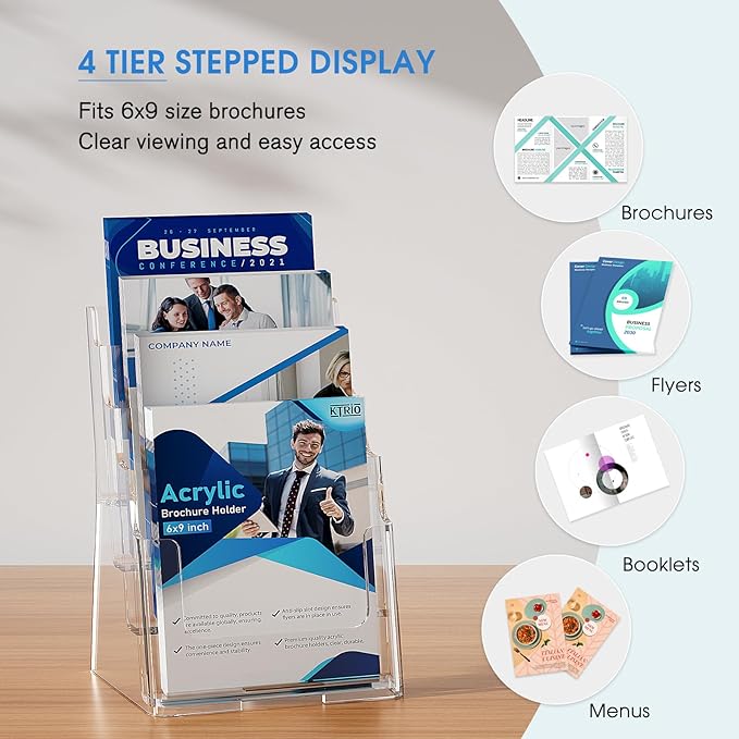 KTRIO 4 Tier Acrylic Brochure Holder 6 x 9, Clear Pamphlet Display Stand Plastic Flyer Organizer for Literature, Catalogs, Desk & Wall Mount, 2 Pack