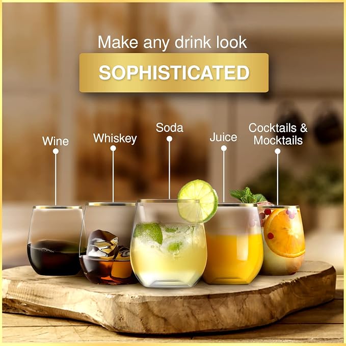 32 Pack Stemless Plastic Wine Glasses Disposable 12 Oz Gold Rim - Shatterproof Recyclable and BPA-Free, Stylish Drinkware for all Beverages, Cocktail Parties, Wedding Reception