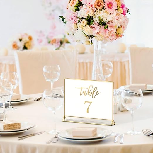 NIUBEE 6Pack 7 x 5 Horizontal Clear Acrylic Sign Holder with Gold Borders, Double Sided Table Menu Stands Picture Frames for Wedding Table Numbers, Restaurant Signs, Photos and Art Display