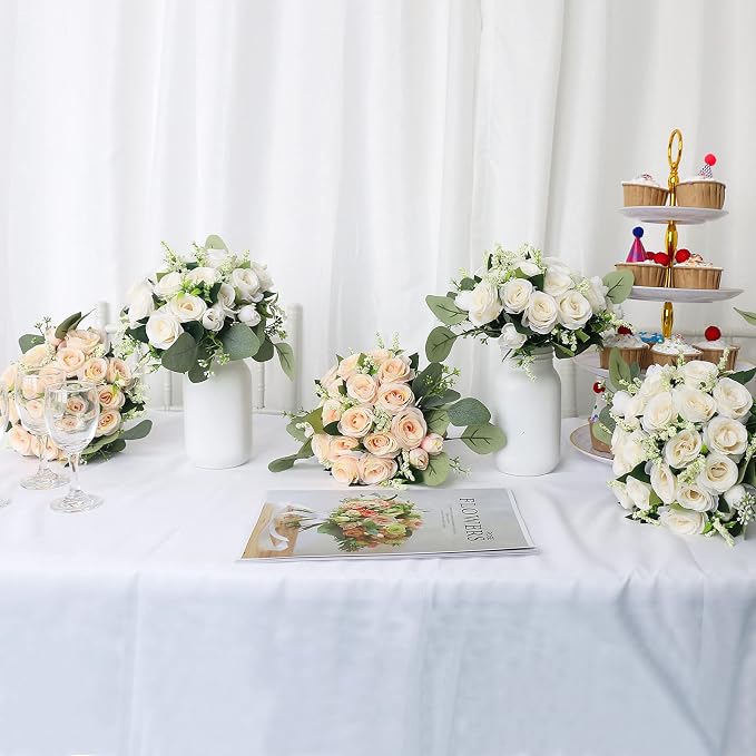 Set of 4 Bridesmaid Bouquets for Wedding - 7 Inch Artificial Ivory Flower Bouquet for Party Ceremony Anniversary Dinning Table Centerpieces Decor - Ivory