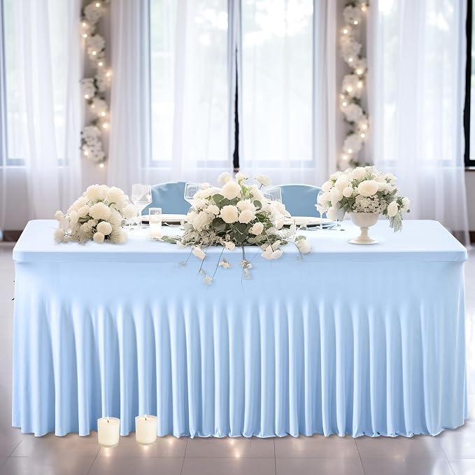 Wish Care 6 Pack Baby Blue Stretch Spandex Table Clothes for 4 Foot Rectangle Tables, 4FT Wrinkle Free Fitted Tablecloths Ruffles Design Table Cover for Party, Banquet, Wedding and Events