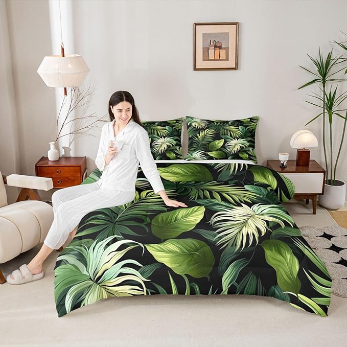Feelyou Tropical Leaves Comforter Set Full Size Kids Palm Tree Print Comforter for Boys Girls Teens Leaf Pattern Bedding Set Botanical Leaf Branches Duvet Set Botanical Quilt