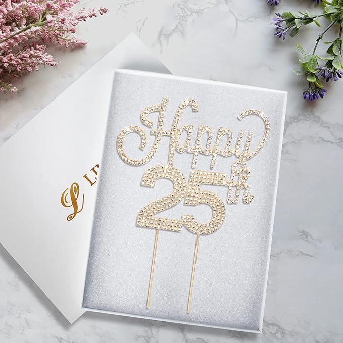 LINGTEER Happy 25th Birthday Gold Rhinestone Cake Topper - Cheers to 25th Birthday 25 Years Old Anniversary Party Cake Centerpieces Topper Decorations Gift Sign.