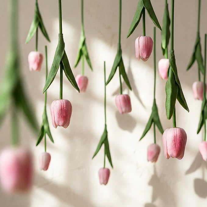 12 Pack Light Pink 5 ft Artificial Tulips Hanging Flower Garland Decorations Spring Summer Dangling Faux Tulip Floral Vine Strings with Hooks for Wall Ceiling Wedding Tea Party