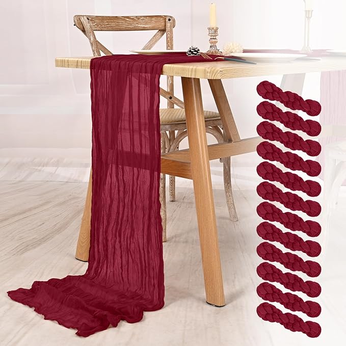 12 Pack Burgundy Cheesecloth Table Runner 10FT Boho Gauze Cheese Cloth Table Runner Rustic Sheer Fabric Table Runners for Wedding Bridal Shower Baby Shower Party(21.5×120 Inch)