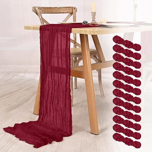 12 Pack Burgundy Cheesecloth Table Runner 10FT Boho Gauze Cheese Cloth Table Runner Rustic Sheer Fabric Table Runners for Wedding Bridal Shower Baby Shower Party(21.5×120 Inch)