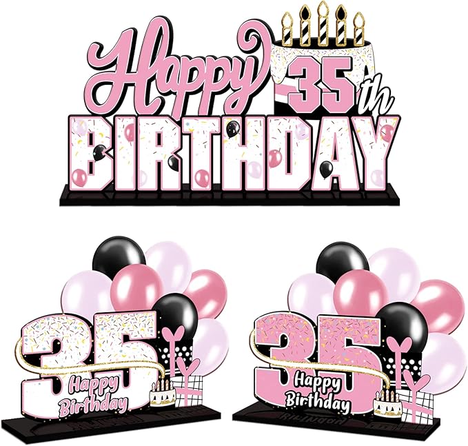 LINGTEER Happy 35th Birthday Pink Acrylic Table Topper Centerpieces Set - Cheers to 35 Years Old Birthday 35th Bday Party Gift Decorations.