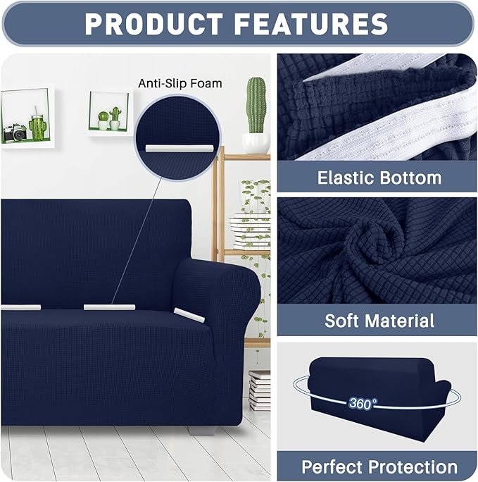 JIVINER High Stretch Couch Covers for 3 Cushion Couch 1-Piece Extra Large Sofa Covers with Elastic Bottom Anti Slip Elastic Sofa Slipcover Furniture Protector for Pets (Navy Blue, XL Sofa)