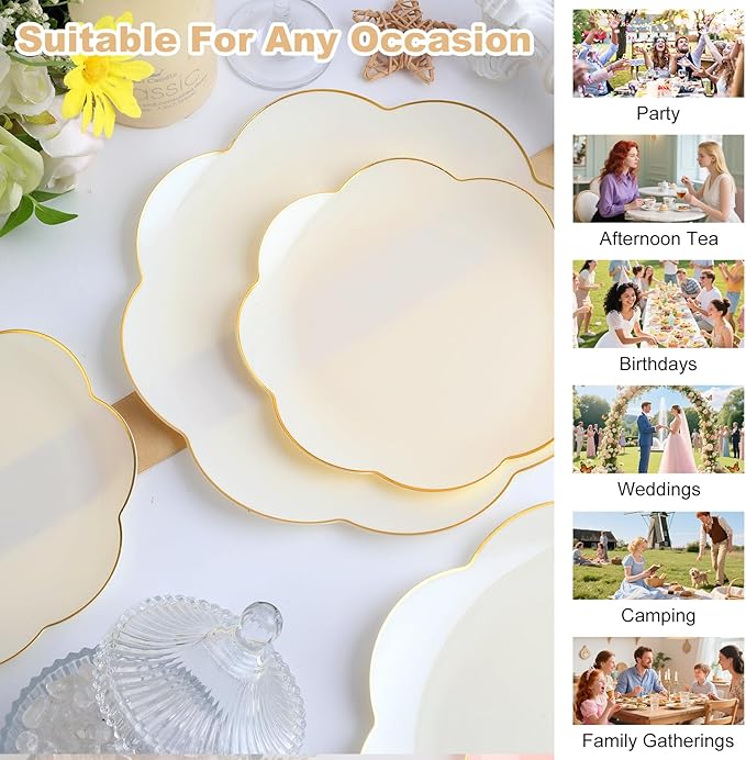 supernal 60pcs Ivory Gold Plastic Plates, Elegant Scalloped Disposable Dinnerware Set (30 Dinner & 30 Dessert Plates) - Heavy Duty Cream Floral Plates for Wedding, Bridal Shower, Mother's Day&Parties