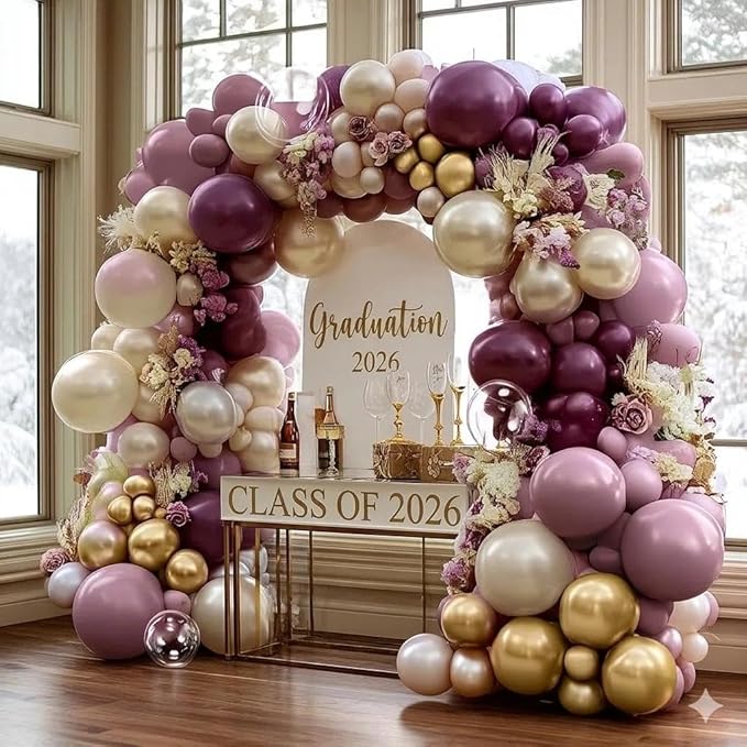 Dusty Purple Gold Balloon Arch Kit Double Stuffed Plum, Dark Lavender, Pearl White Sand Balloon Garland with Clear Bobo for Birthday Bridal Baby Shower Mothers Anniversary Graduation Party Decoration