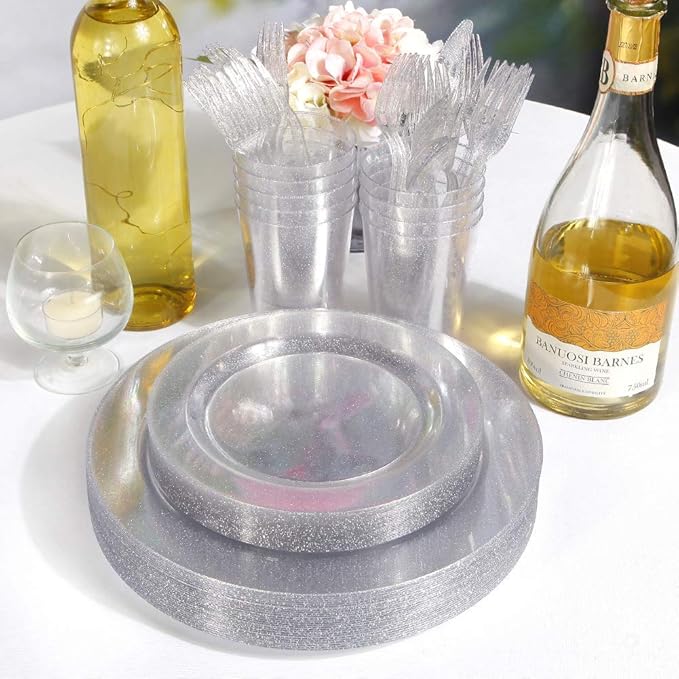 WDF 120PCS Silver Plastic Plates- Disposable Silver Glitter Plates, Premium Heavy Duty 60-10.25" Dinner Plates and 60-7.5" Salad Plates for Wedding Baby Shower Spring Birthday